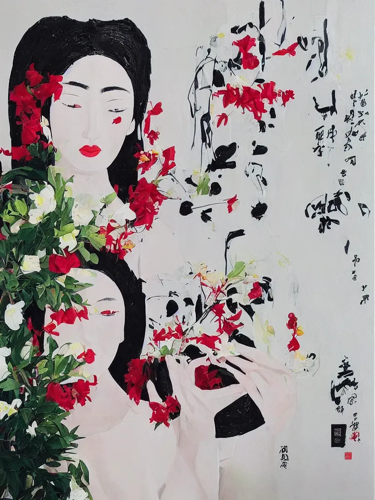 Image similar to “art in an Australian artist’s apartment, portrait of a woman wearing white cotton cloth, eating luscious fresh berries, white wax, edible flowers, Japanese pottery, ikebana, black walls, acrylic and spray paint and oilstick on canvas”