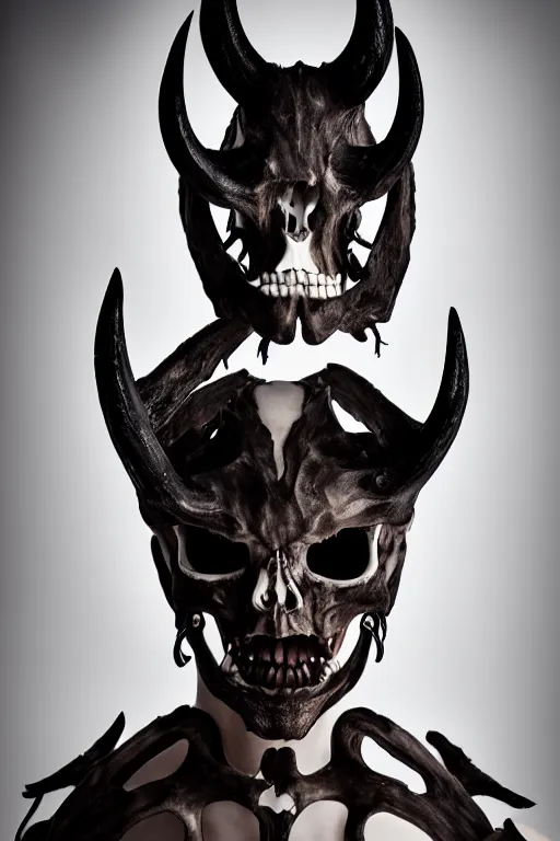 Image similar to a beautifull demon model, wearing organic bone armor, luxury materials, symmetrical, cinematic, elegant, professional studio light, real dlsr photography, sharp focus, 4 k, ultra hd, sense of awe, high fashion