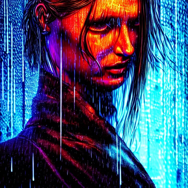 Image similar to bright aesthetic portrait LSD glowing backlit rain on face and wet hair, cyberpunk, overhead lighting, fantasy, intricate, elegant, dramatic lighting, highly detailed, lifelike, photorealistic, digital painting, artstation, illustration, concept art, smooth, sharp focus, art by John Collier and Albert Aublet and Krenz Cushart and Artem Demura and Alphonse Mucha