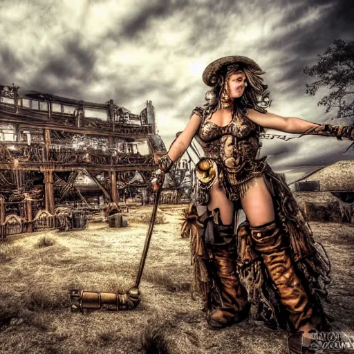 Prompt: long shot photo beautiful steampunk barbarian, highly detailed, 4k, HDR, award-winning photo