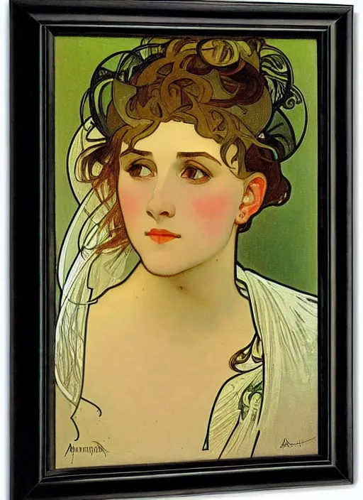 Prompt: a portrait of a pretty young lady by alphonse mucha