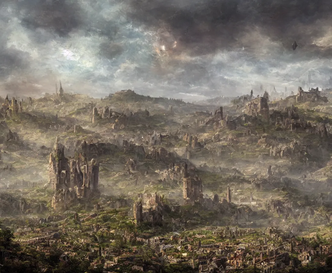 Image similar to A vast empty flat valley surrounded by Transylvanian mountains. A huge metal zeppelin in the sky among colorful clouds. The ruins of a medieval castle on the hillside in the background. No villages or buildings. Late warm evening light in the summer, gloomy weather. High quality, fantasy art by H.R. Giger.