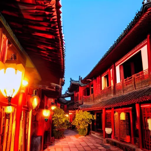 Image similar to peaceful ancient water town in the south of china, zhouzhuang ancient town, sunset glow, movie style