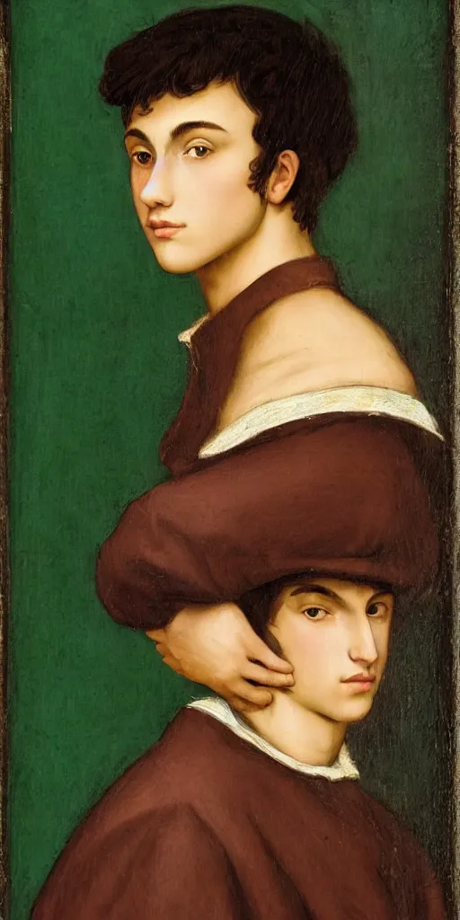 Image similar to a Spanish teenage boy with dark hair and green eyes, sharp jawline with a light beard, done in the style of a renaissance royal portrait