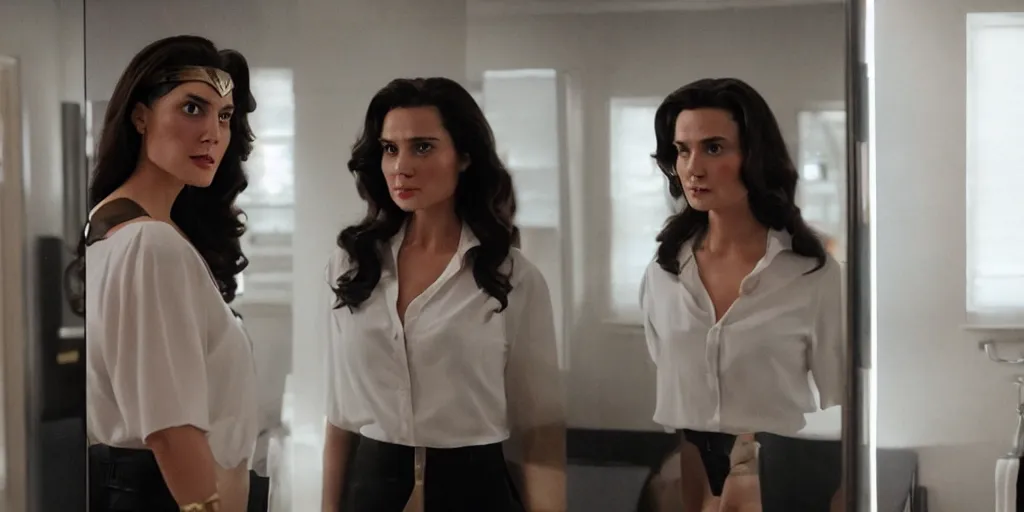 Image similar to ultra wide angle photo of torrey devito dressed in a white blouse and black dress pants as diana prince looking at herself in a bathroom mirror and seeing her reflection as wonder woman