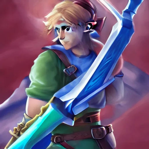 Image similar to Link proudly holding up the master sword, masterpiece, digital art, 8k , very detailed