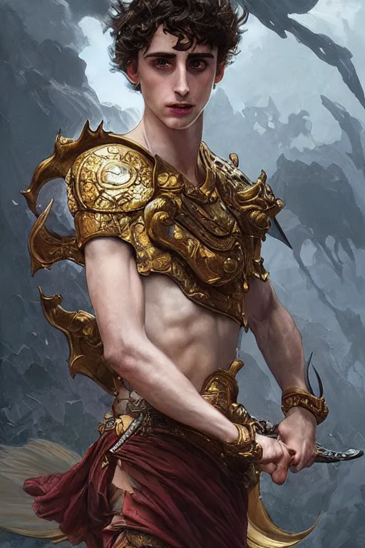 Image similar to ultra realistic illustration, timothee chalamet as perseus from baldurs gate and diablo, intricate, elegant, highly detailed, digital painting, artstation, concept art, smooth, sharp focus, illustration, art by artgerm and greg rutkowski and alphonse mucha