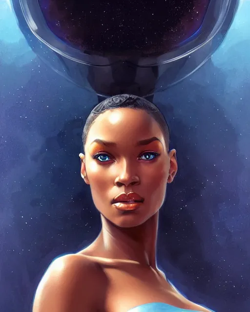 Image similar to Portrait of very very very very very very beautiful black woman, spacesuit, blue eyes, intricate, elegant, highly detailed, digital painting, artstation, concept art, smooth, sharp focus, illustration, real life skin, art by artgerm and greg rutkowski and alphonse mucha