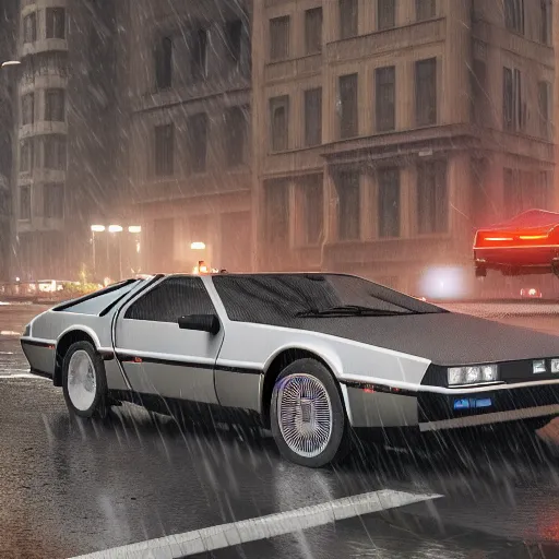 Image similar to hyperdetailed, photorealistic photograph of a dmc 1 2 delorean driving in the streets, rain, night, dense fog, hd, unreal engine 5