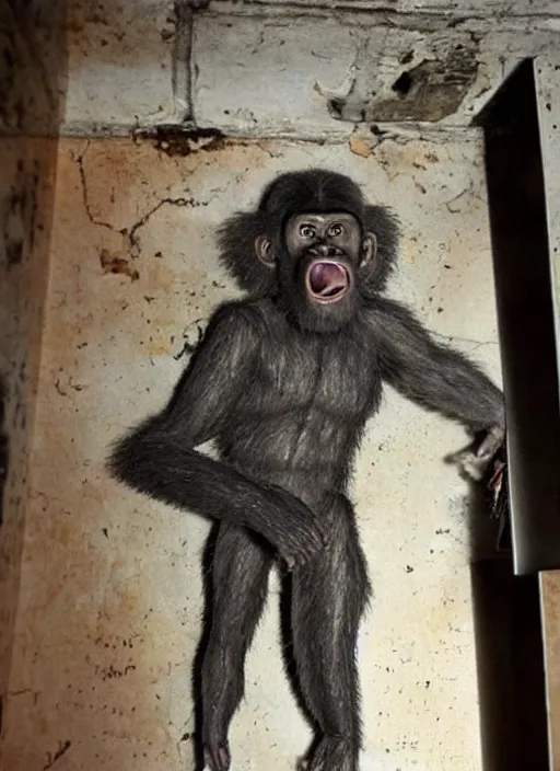 Image similar to uncanny hybrid human - ape, half human half ape inside fuse box in communist apartment building