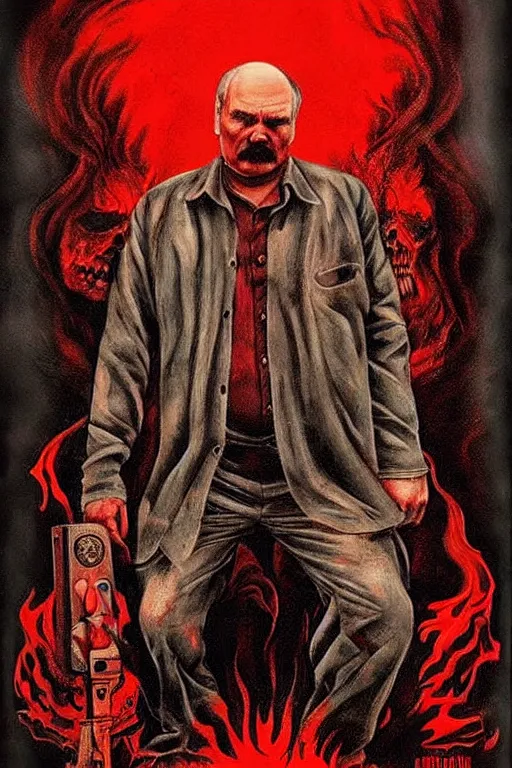 Image similar to lukashenka went to hell, art in the style of a poster for horror films in a cinema, detailed art in color