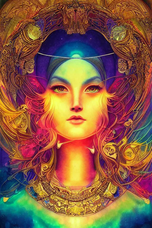 Image similar to beautiful goddess of space and dreams by artgerm, mandala, coherent design, symmetrical, trending on artstation, watercolor ink illustration, vivid color, complementary color, golden ratio, detailed, sharp lines, sharp focus, intricate, rainbowshift, gustave dore, maxfield parrish, alphonse mucha, octane render