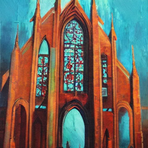 Prompt: gtae of blood cathedral, oil painting