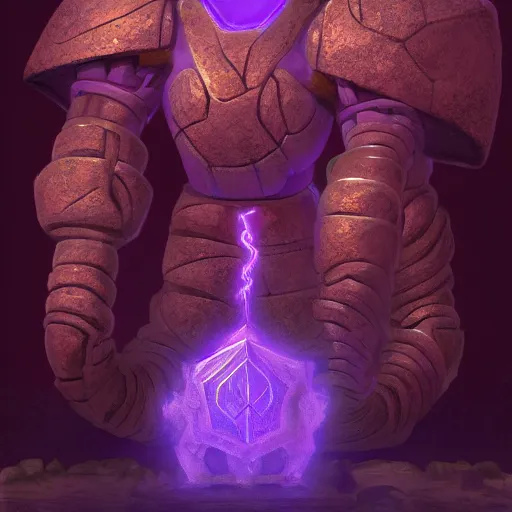 Image similar to purple glow coming off of ancient runic armored golem high detail, artstation, award winning masterpace