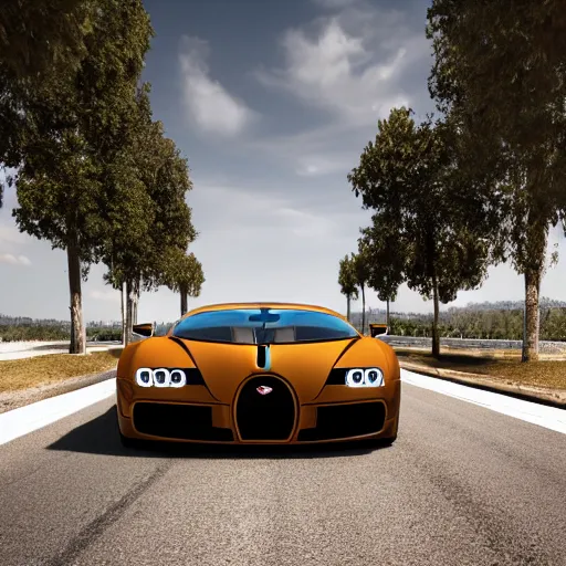 Image similar to super realistic supercar brown bugatti on a road, 4k, 8k, hdr, full hd, high quality textures, high quality shadows, high quality lightning, intense world lightning, HDR, global illumination, post processed, hyperrealistic, photorealistic, photo realistic, realistic, detailed sky