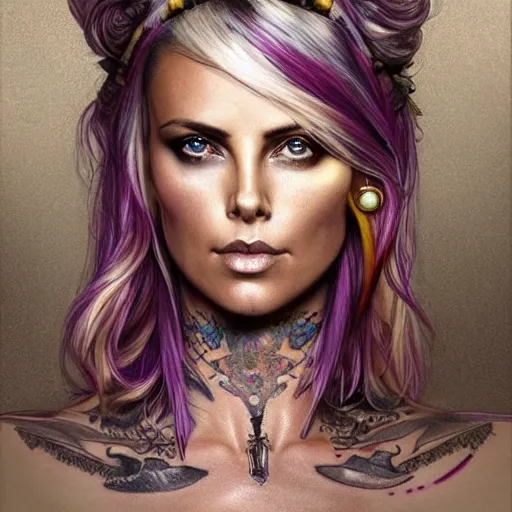 Prompt: an attractive young tattooed female with piercings wearing an rainbow ornate metallic helmet, charlize theron, olive skin, long dark hair, beautiful bone structure, intricate, elegant, highly detailed, digital painting, artstation, concept art, smooth, sharp focus, illustration, art by artgerm and greg rutkowski and alphonse mucha