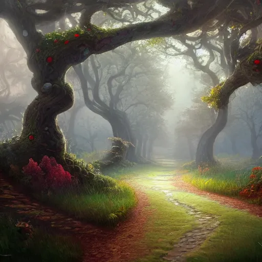 Prompt: a painting of a path leading to a mystical forest full of wonders, apple trees, magical atmosphere, trending on artstation, 30mm, by Tyler Edlin, by Noah Bradley