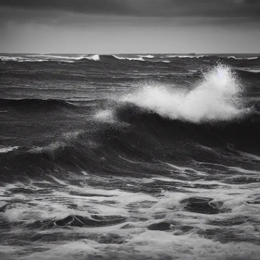 Prompt: dark ocean, towering waves, grey - scale, highly turbulent, deep focus, dark sky, high point of view