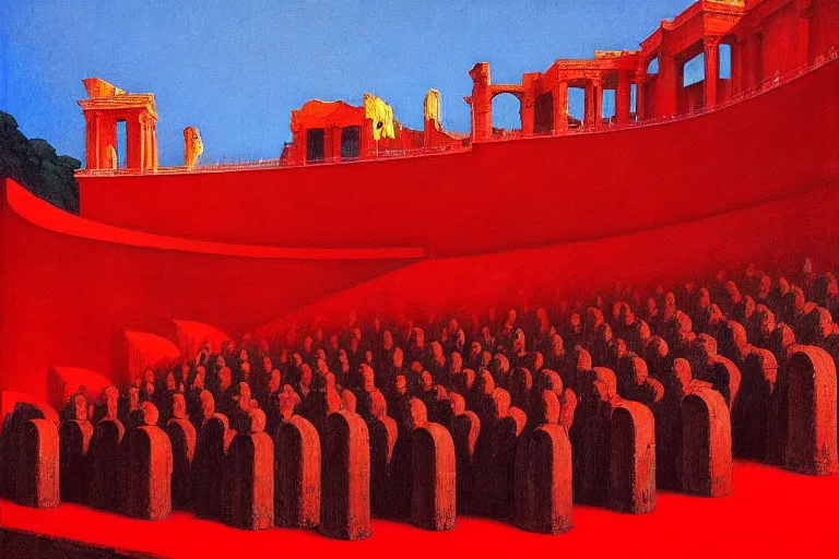 Image similar to only with red, a red great emperor, taormina amphitheatre, crowd with big smile, in the style of beksinski, parts by edward hopper, parts by rodcenko, parts by yue minjun, intricate and epic composition, red by caravaggio, insanely quality, highly detailed, masterpiece, red light, artstation, 4 k