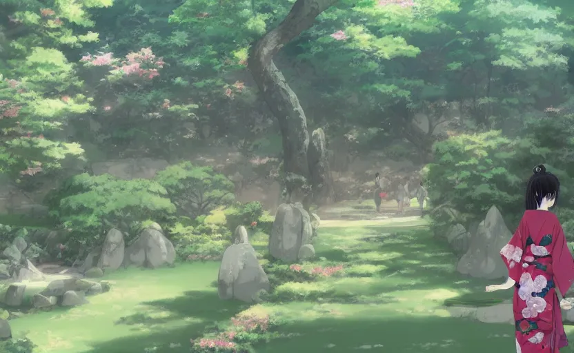Prompt: An anime girl in a kimono, walking through a traditional Japanese garden, anime scenery by Makoto Shinkai, digital art