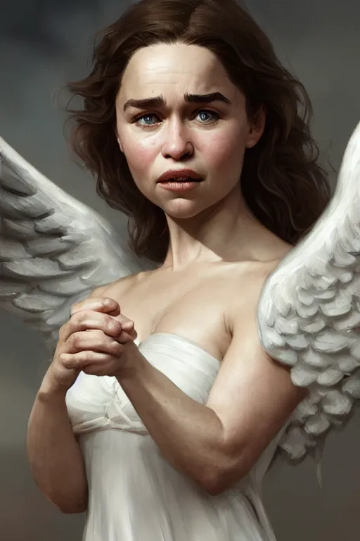 Image similar to Emilia Clarke as an Angel, anatomy, only two hands, highly detailed, digital painting, artstation, concept art, smooth, sharp focus, illustration, Unreal Engine 5, 8K, art by art by artgerm and greg rutkowski and edgar maxence