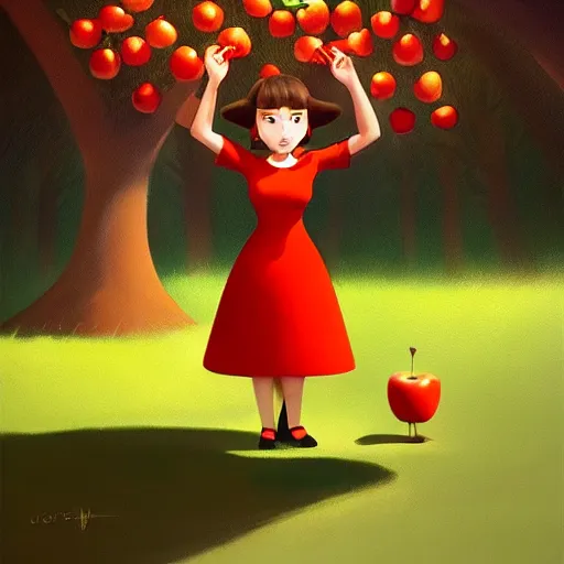 Image similar to goro fujita ilustration brunette girl in red dress grabbing an apple from a tree in the forest, painting by goro fujita, sharp focus, highly detailed, artstation