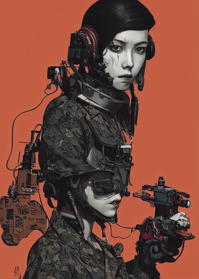 Image similar to highly detailed, ilya kuvshinov, rutkowski, simon roy, james jean, mcbess, portrait illustration of a cyberpunk military woman, colorful, cinematic composition, ray tracing, hyperrealism, photorealistic