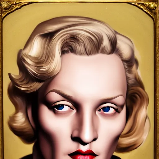 Image similar to A Hearts of Iron IV portrait of a blonde German actress who looks like Marlene Dietrich. Highly detailed, fine Art, high detail, great lighting, 8k resolution, masterpiece, concept art, illustration, clear eyes, painting oil on canvas, octane render, HDR, trending on artstation, 4k, 8k, HD