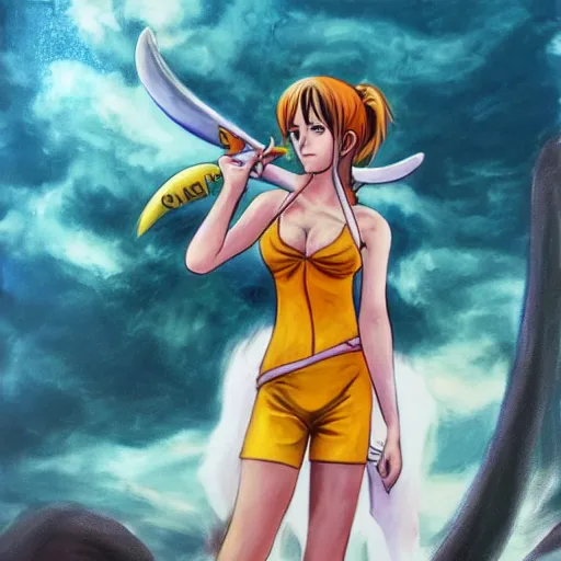 Image similar to beautiful emma watson cosplay as nami from one piece, oil painting, full body.