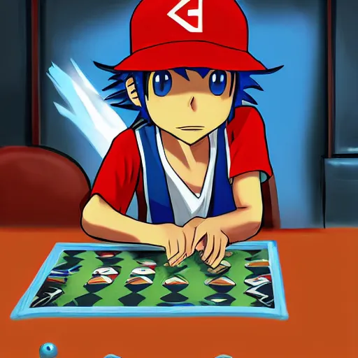 Image similar to ash ketchum playing magic the gathering on a motorcycle, digital art