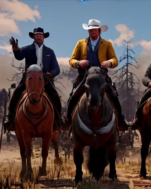 Image similar to Donald Trump, Joe Biden and Hillary Clinton in RDR2. They are robbing a stagecoach as a team. Alex Jones is riding the stagecoach. gameplay screenshot. Ultra Realistic graphics. Unreal Engine 5.