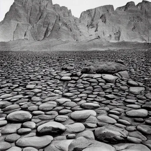 Image similar to paleozoic by ansel adams ultradetailed. a beautiful photograph of a group of people standing in a line. they are all facing the same direction & appear to be waiting for something.