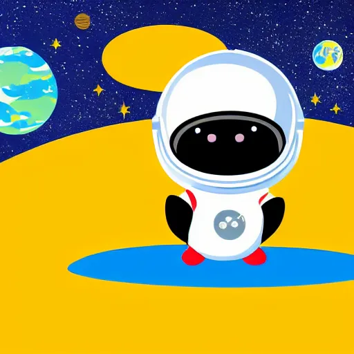 Prompt: cute astronaut penguin with helmet on, floating on space, minimalist cartoon style