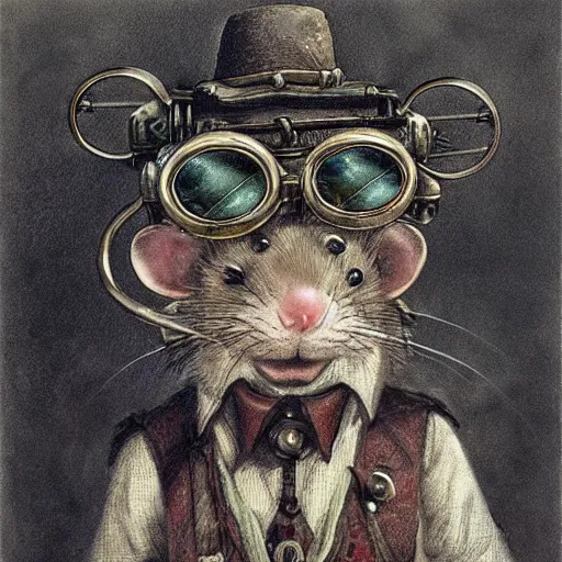 Image similar to a rat with steampunk googles, by john howe