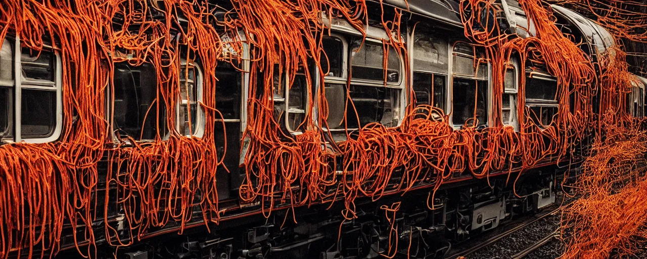 Image similar to train car covered in spaghetti, canon 5 0 mm, cinematic lighting, photography, retro, kodachrome film