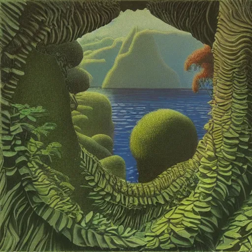 Image similar to painting of a lush natural scene on an alien planet by mc escher. beautiful landscape. weird vegetation. cliffs and water.