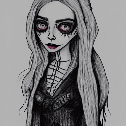 Image similar to grunge drawing of billie eilish in the style of corpse bride