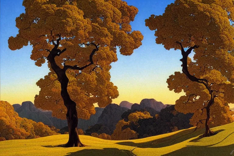 Prompt: masterpiece painting of oak trees along the ridge at dawn, by a. j. casson and john watkiss and edward okun and dan munford and maxfield parrish and kelly freas and j. c. leyendecker and casey weldon