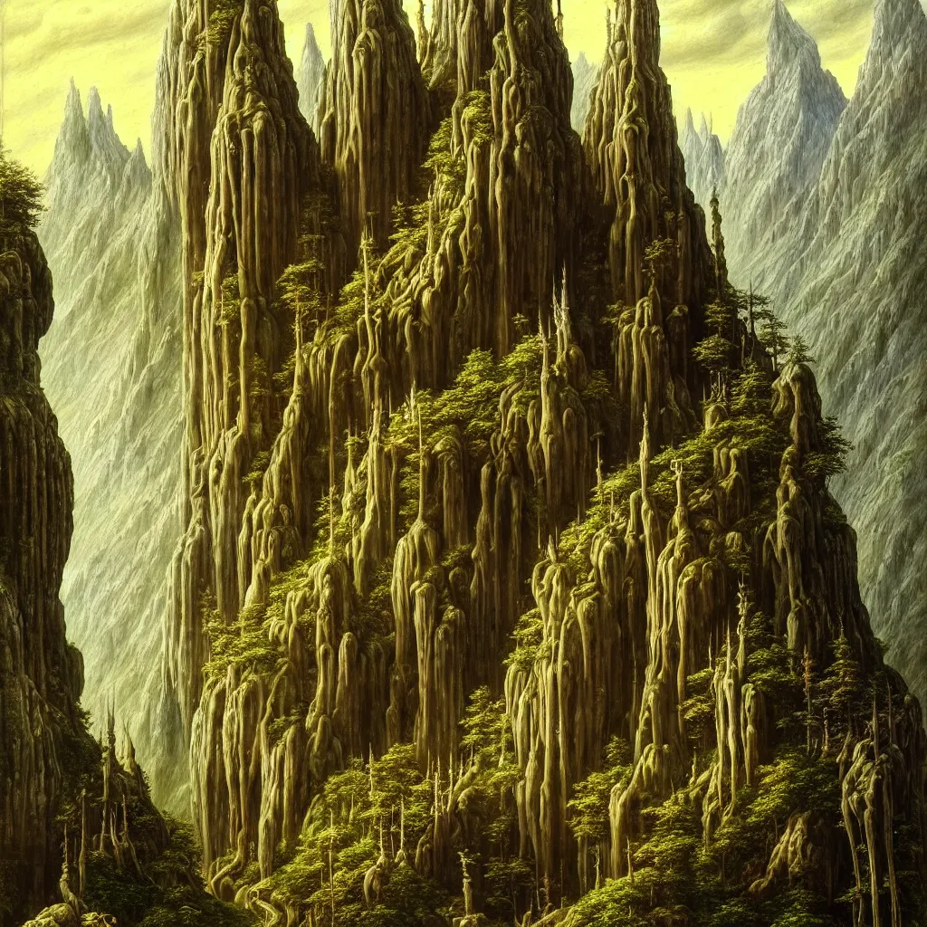 Image similar to A beautiful and highly detailed oil painting of an elven temple in the mountains, detailed trees and cliffs, intricate details, rivendell, 8k, sharp focus, hyper realism, by Caspar Friedrich,