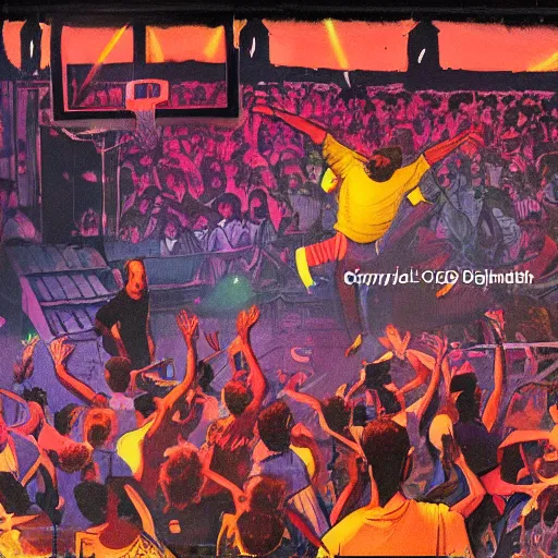 Prompt: colorful painting of an old school hip hop concert taking place on a basketball court behind a large brick apartment at night, many people dancing with their hands in the air, a rapper is standing on stage yelling into the mic, a dj with audio equipment at the back of the stage, in the style of frank frazetta