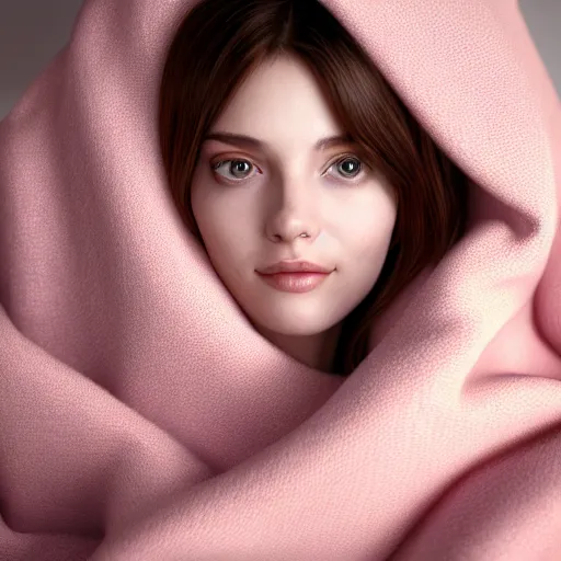 Image similar to portrait of a cute thin young woman, red blush, wearing casual clothes, small smile, relaxing on a couch, cozy under a blanket, cozy living room, close up shot, 8 k, octane render, trending on artstation, art by artgerm and irakli nadar,, hyperrealism, hyperdetailed, ultra realistic