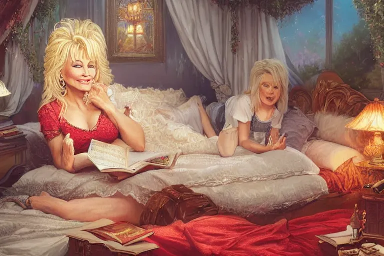 Prompt: portrait of dolly parton reading a bedtime story in bed, an oil painting by ross tran and thomas kincade