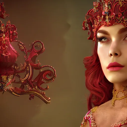 Image similar to portrait of wonderful princess of rubies with fair skin, red hair ornate 8 k gorgeous intricate detailed, accent lighting, dramatic light, octane render