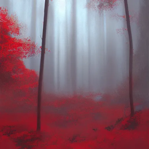 Prompt: a red silhouette of a man flying in a grey forest, eerie, craig mullins