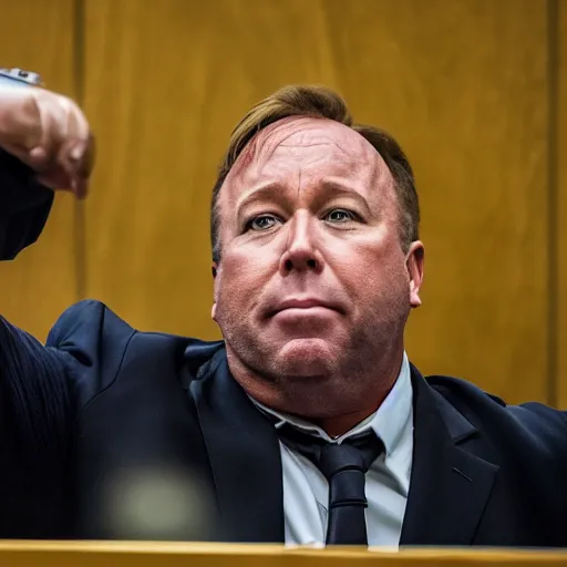 Prompt: Alex Jones desperately reaching for his out of reach phone in the courtroom, EOS 5DS R, ISO100, f/8, 1/125, 84mm, RAW, Dolby Vision, Face Unblur