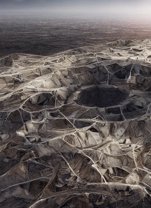 Image similar to perspective bioremediation white architecture, in the mining tailings of chuquicamata, epic, cinematic, hyperealistic, high detailed, corona render, hdr, ray tracing