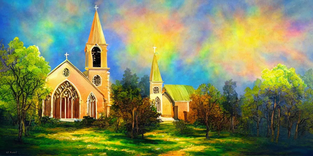 Prompt: a resplendent church in heaven, bright, oil painting of nature, beautiful concept art, ink painting