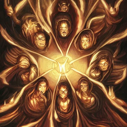 Image similar to acolytes using demonic summoning circle to summon a demon. incredible detail. by magali villeneuve and by wlop