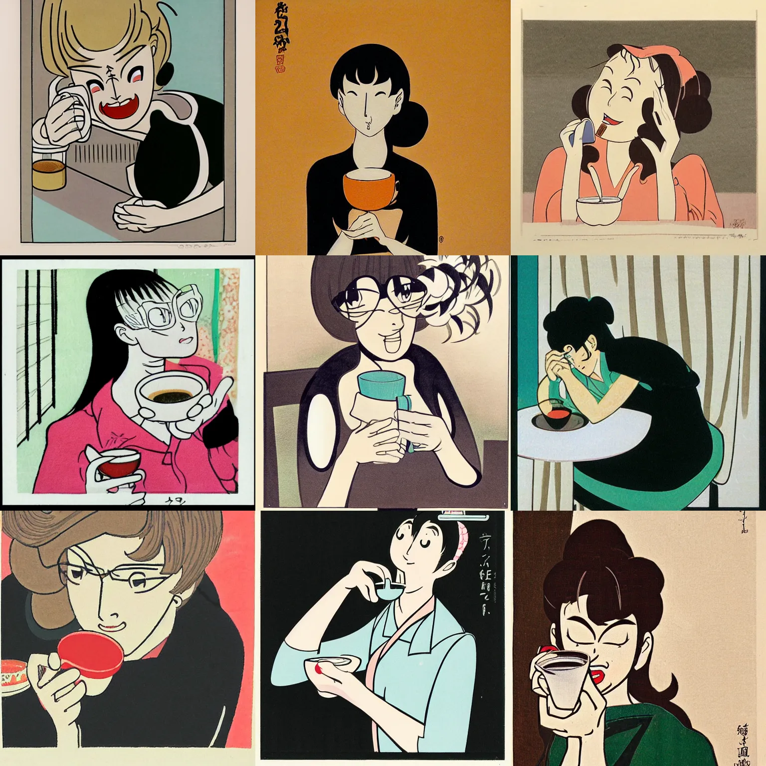 Prompt: woman drinking coffee, by Osamu Tezuka