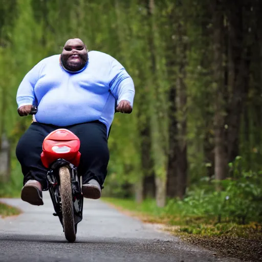 Image similar to 5 0 0 pound man riding a tiny bike, dslr photo,